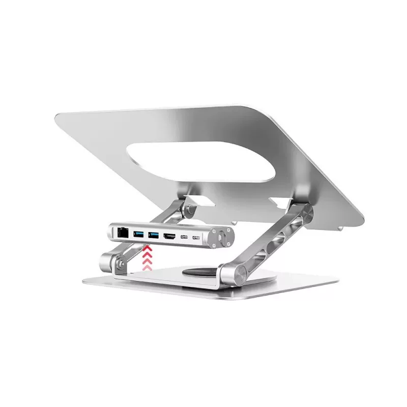 Stojak na laptopa Unitek D1109B01 — aluminiowy regulowany stojak z odłączanym modułem USB‑C HDMI 4K PD 100W, 2x USB‑A, RJ‑45, do 17 cali