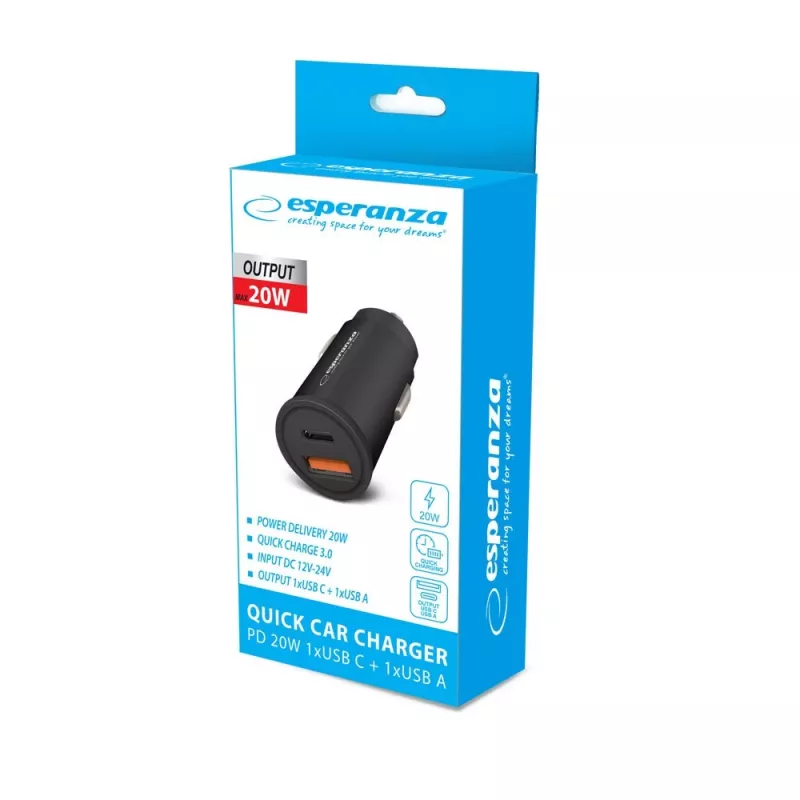 Samochodowa ładowarka USB ESPERANZA EZC111K, 20 W (USB-C PD 20 W + USB-A QC3.0), wejście 12–24 V, czarna