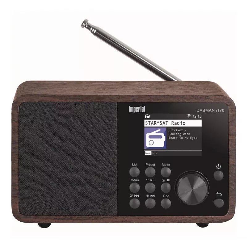 Przenośne radio DAB+ Imperial DABMAN i170 — tuner FM/DAB+, 10 W RMS, wyświetlacz 2,4 cala, 3,5 mm, USB-A, czarne/drewniane
