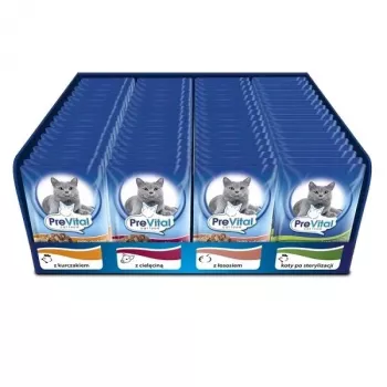 Mokra karma dla kota PREVITAL Cat Food Mix 4 smaki — kurczak, cielęcina, łosoś, drób, 96 x 100 g saszetek (9,6 kg, dorosły)