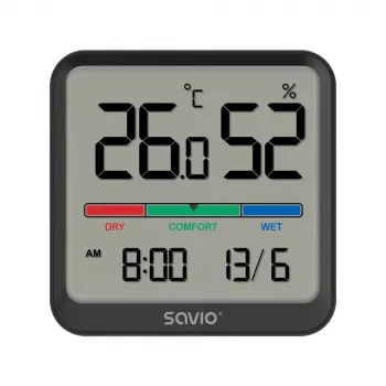 Wewnętrzny czujnik temperatury i wilgotności SAVIO CT-01/B wolnostojący, LCD, -10–55°C, 10–99% RH, CR2032