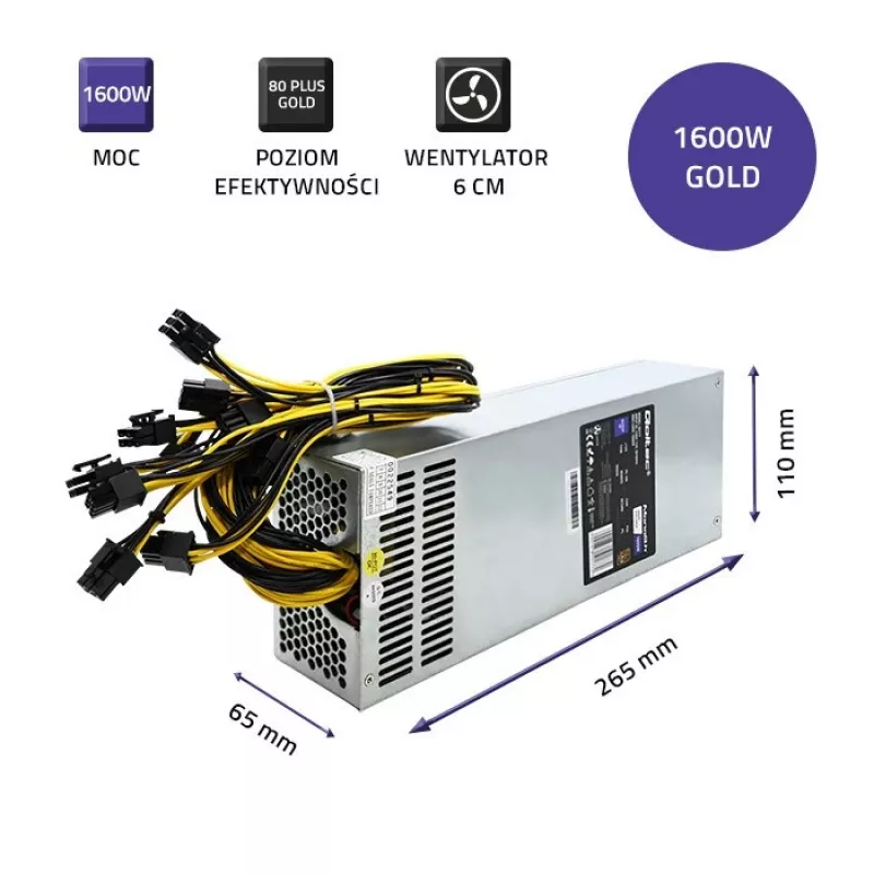 Zasilacz PCI-E Qoltec 50177 Smart 1600W | 80 Plus Gold - do kopania kryptowalut