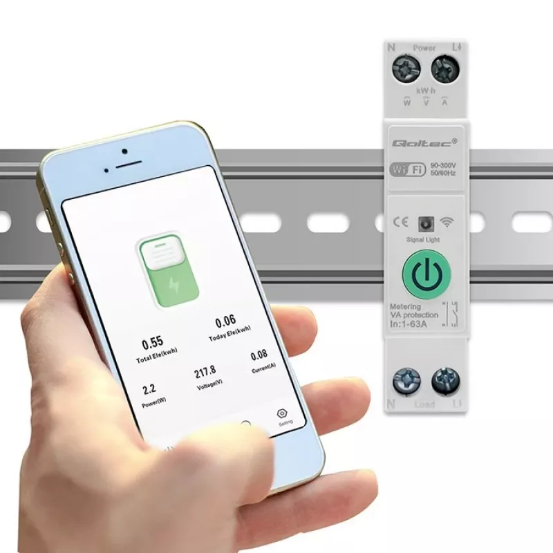 Przekaźnik WiFi na szynę DIN QOLTEC 50881 — przekaźnik przełączający zasilanie sieciowe 63A do instalacji elektrycznych