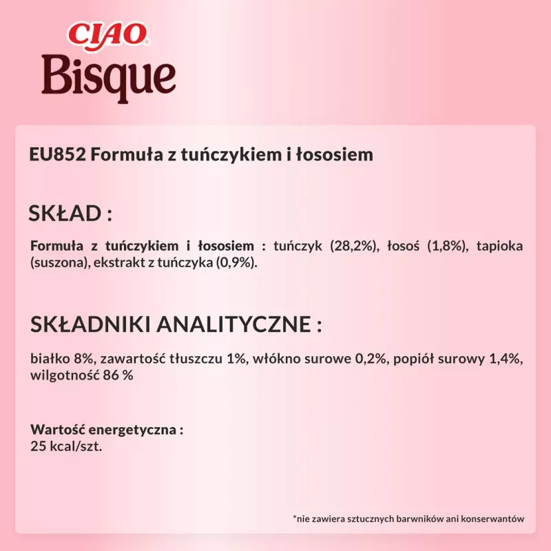 Mokry przysmak dla kota INABA Ciao Bisque Tuna with Salmon 40 g — saszetka z płynem o smaku rybnym, 86% wilgotności, 8% białka
