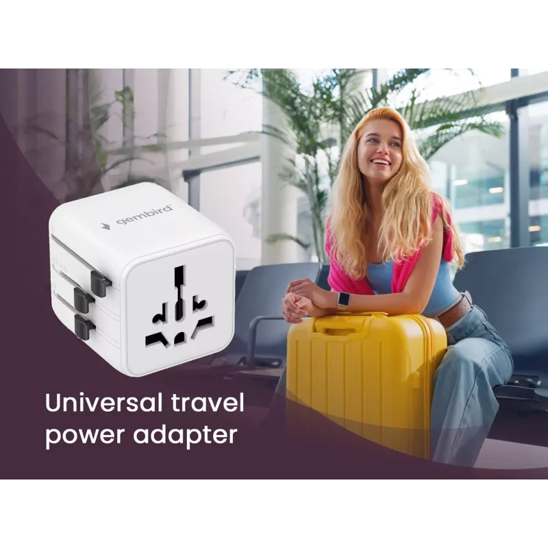 Uniwersalny podróżny adapter zasilania GEMBIRD TPA-INT-01-W — wejście 100–250 V, wtyk typu G, kompaktowe wymiary 84×56×85 mm