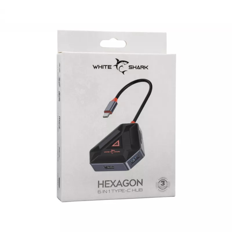 USB-C hub SBOX HEXAGON 6-w-1 z HDMI i Ethernet, Type-C biały