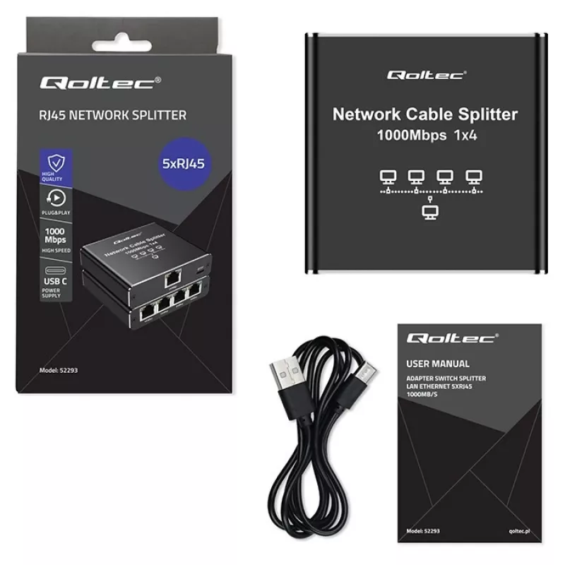 Ethernet mini switch QOLTEC 52293 1x4 RJ45, 1-wejście 4-wyjścia niezarządzalny rozdzielacz sieciowy