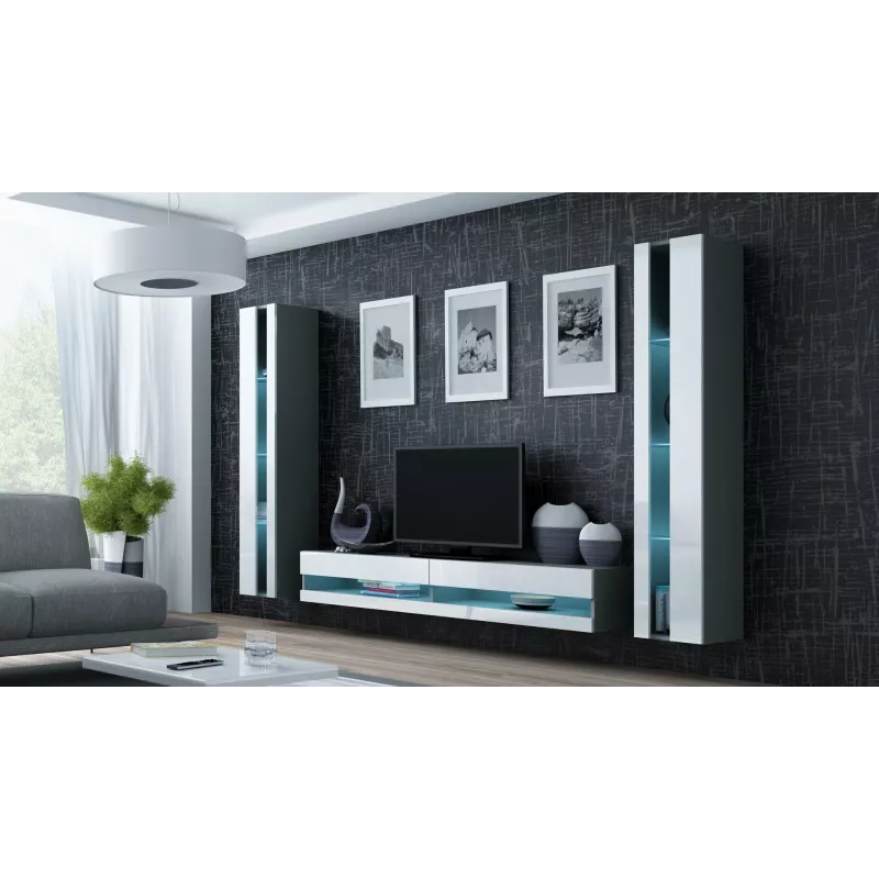 Stolik pod TV Cama Meble VIGO NEW 30/140/40 — 1400×400×300 mm, szary blat, płyta wiórowa, szara rama, białe fronty na wysoki połysk