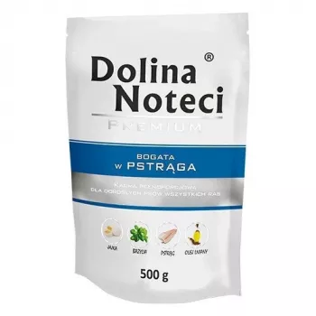 Mokra karma dla psa dolina noteci Premium bogata w pstrąga 500 g — pełnoporcjowa karma mokra dla dorosłych psów, 79% wilgotności, 11% białka, 5% tłuszczu