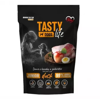 Mokra karma dla psów BIOFEED Tasty Life junior 90% kaczka 500 g — karma pełnoporcjowa dla wzrostu, 11,5% białka, 8,5% tłuszczu