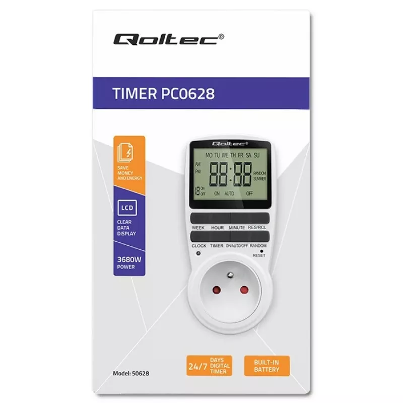 Elektroniczny timer QOLTEC PC0628 z wyświetlaczem LCD, odliczanie 24-godzinne