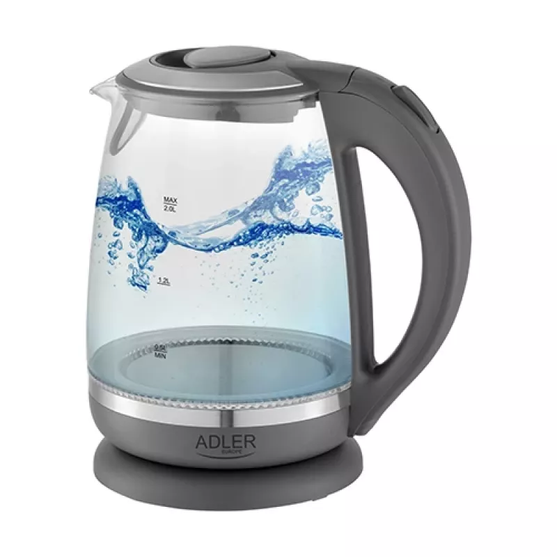 Adler | Czajnik | AD 1286 | Standard | 2200 W | 2 L | Plastik/Szkło | Obrotowa podstawa 360° | Szary/Przezroczysty