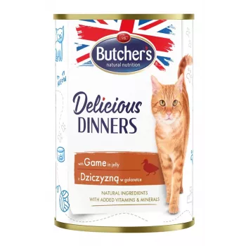 Mokra karma dla kota Butcher's Delicious Dinners 400 g — Dorosły, smak dziczyzny, 82% wilgotności, 8,5% białka, 5,5% tłuszczu
