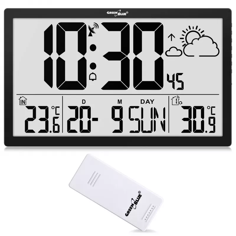 Zegar ścienny GreenBlue GB218 — bardzo duży wyświetlacz LCD, stacja pogodowa, temperatury wewnętrzna i zewnętrzna, wyświetlanie daty