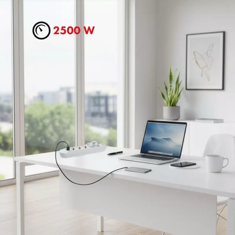 Listwa zasilająca MACLEAN MCE395 W — 5 gniazd, 3× USB A, 110–240 V AC, 2,1 A USB, maks. 2500 W, biała, kabel 1,5 m