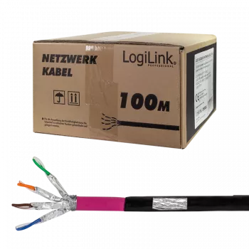 Logilink Professional - Kabel w zwoju - 100 m - S/FTP - Cat.7 Kabel surowy - Bezhalogenowy, na zewnątrz, obsługa Gigabit Ethernet, bezpośrednie zakopanie - Czarny (CPV0082)