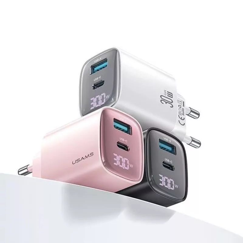 Ładowarka usams CC229 30W GaN USB-C i USB LED kompaktowa ładowarka podróżna