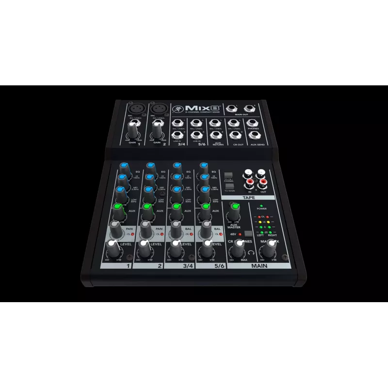 Mikser Mackie Mix8 — 8-kanałowy kompaktowy mikser analogowy, 20–30000 Hz, impedancja wejściowa mikrofonu 3800 Ω, 198×244×53 mm