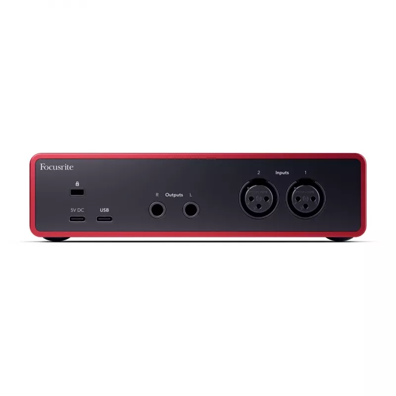 Interfejs audio Focusrite Scarlett 2i2 4. generacji — 2-we/2-wy USB-C, 24-bit/192 kHz, przedwzmacniacze 69 dB, desktop, czarny/czerwony