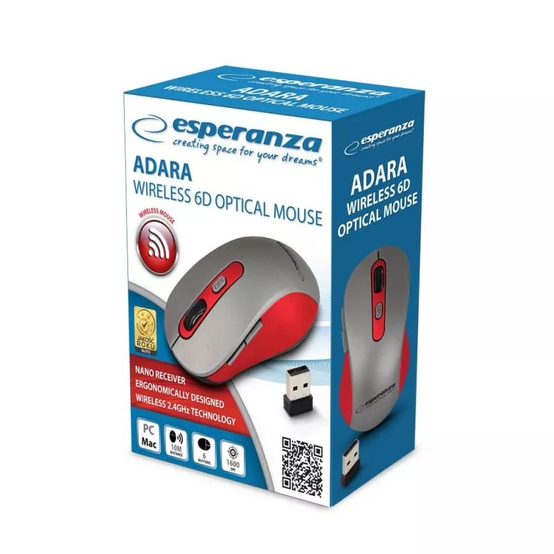 Bezprzewodowa mysz optyczna ESPERANZA EM131R 2,4 GHz, 1600 DPI, symetryczna, nano odbiornik USB, 6 przycisków, szara