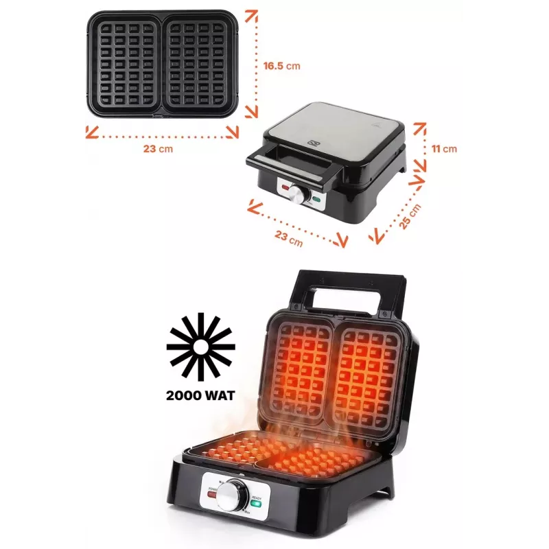 Gofrownica PROMIS WAP1600 — 2-porcjowe prostokątne płyty, 1200 W, nieprzywierająca powłoka, termostat, uchwyt chłodny w dotyku, wskaźniki LED