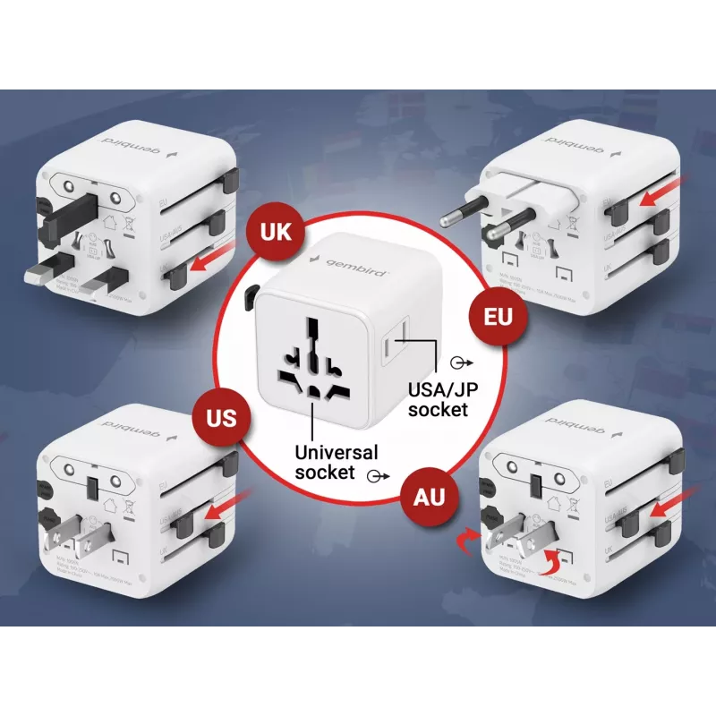 Uniwersalny podróżny adapter zasilania GEMBIRD TPA-INT-01-W — wejście 100–250 V, wtyk typu G, kompaktowe wymiary 84×56×85 mm