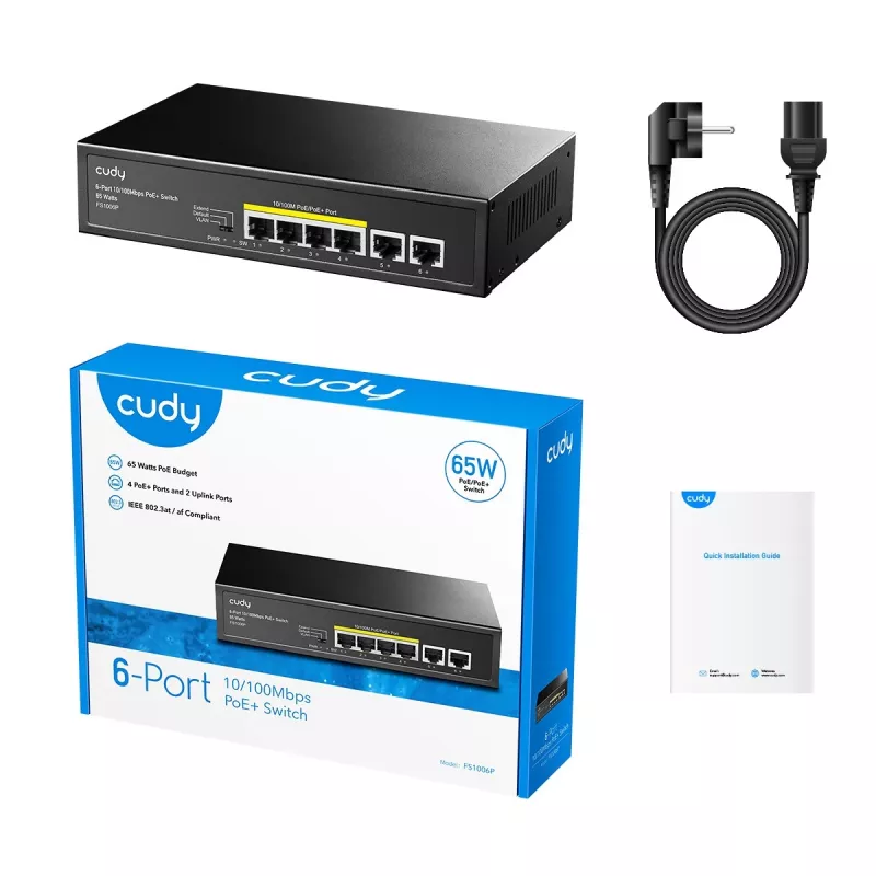 Przełącznik sieciowy Cudy FS1006P Fast Ethernet 6-portowy (4 PoE, 1 PoE+) 10/100 Mbps, przepustowość 1,2 Gbit/s, obudowa metalowa, montaż w szafie rack/na ścianie