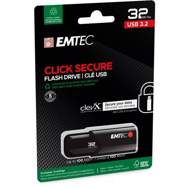 Pamięć USB EMTEC B120 Click Secure 32 GB USB Type-A 3.2 Gen 2 (3.1 Gen 2) Czarny