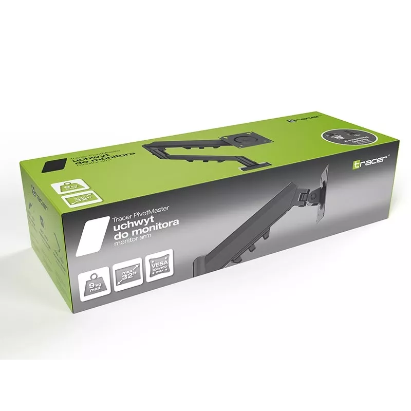 Ramię monitorowe TRACER Pivot Master TRAUCH47659 — regulowana wysokość, pochylanie/obrót, VESA 100×100, do 9 kg, do ekranów 13–32 cale, mocowanie do biurka, czarne