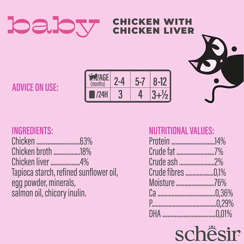 Mokra karma dla kotów Agras Pet Foods Schesir Baby in Brühe 70 g — kurczak, bezzbożowa, dla młodych kotów