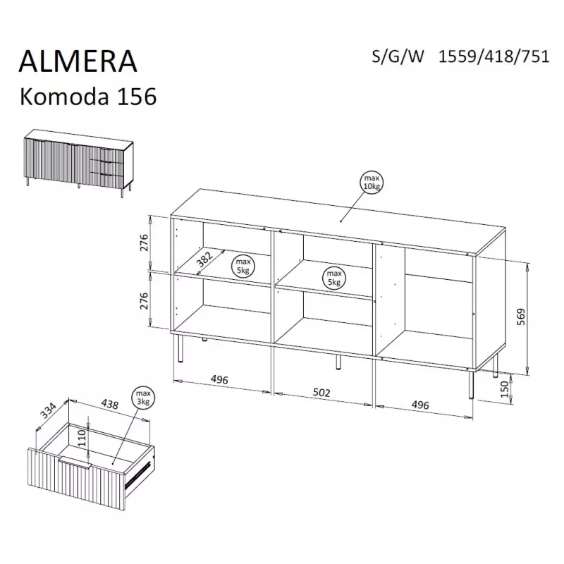 Komoda cama meble ALMERA 156×42×75 cm, orzech/cashmere, 3 szuflady, płyta wiórowa