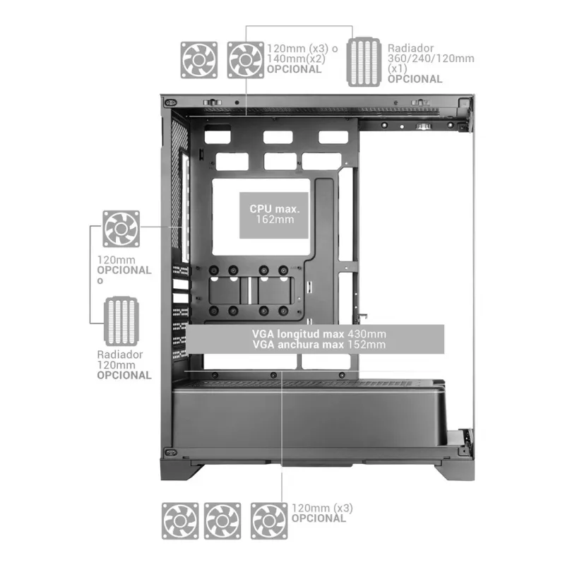 TACENS Mars Gaming MCPRISMA Midi Tower PC case, Czarny, tempered glass, supports ATX/Micro-ATX/Mini-ITX, 2x3.5 inch + 2x2.5 inch bays