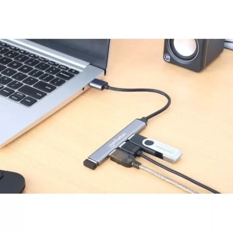 Manhattan USB-A 4-Portowy Hub, 4x porty USB-A (1x USB 3.2 Gen1 5 Gbps aka USB 3.0, 3x USB 2.0 480 Mbps), zasilany z portu USB (nie wymaga zewnętrznego zasilacza), Aluminium
