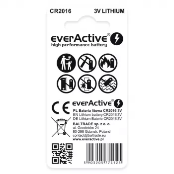 Bateria litowa pastylkowa everActive CR2016 — 3V, średnica 20 mm, wysokość 1,6 mm, 2 szt.