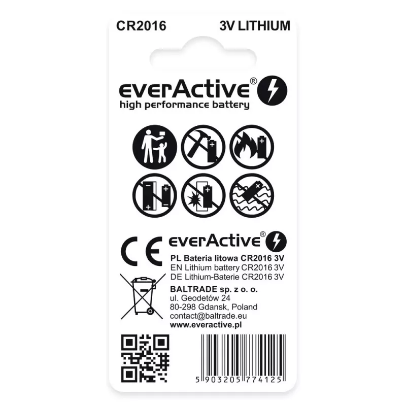 Bateria litowa pastylkowa everActive CR2016 — 3V, średnica 20 mm, wysokość 1,6 mm, 2 szt.