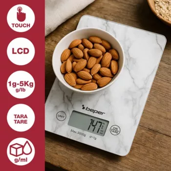 Waga kuchenna Beper P102BIL004 - cyfrowa, 5 kg, 1 g, biały marmur