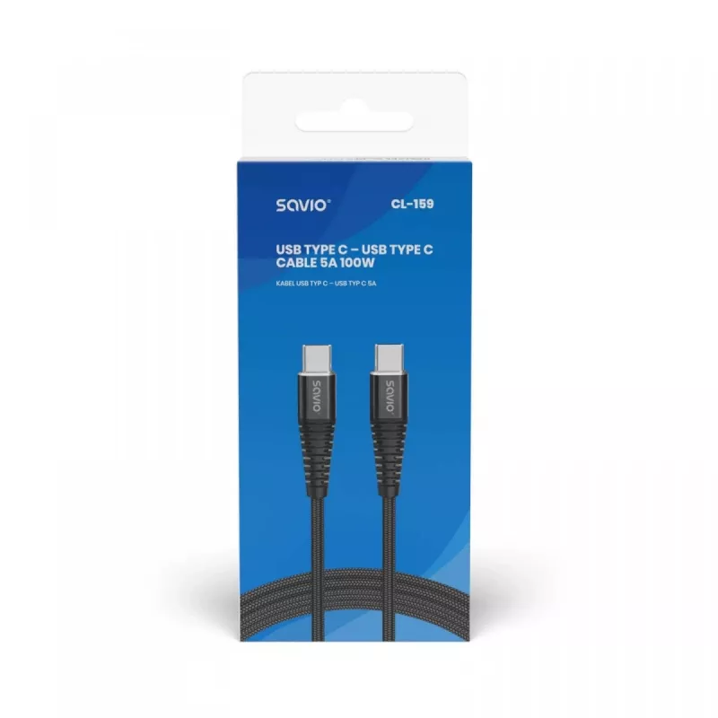 Kabel USB C na USB C SAVIO CL-159 1 m, USB 2.0 (480 Mbit/s), czarny, 2.1 A