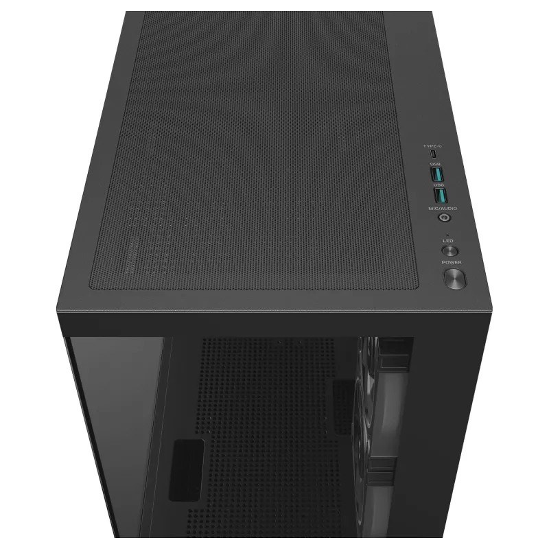 PC Midi Tower DeepCool CG380 3F — czarny, 235×437×451 mm, obsługuje wentylatory boczne 2x120 mm + tylny 1x120 mm, zasilacz na dole, dyski twarde 2,5 cala/3,5 cala