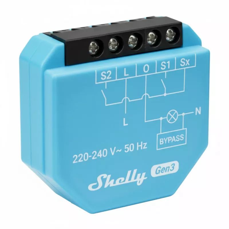 Moduł podwójnego przekaźnika na szynę DIN Shelly 2L Gen3, 2 kanały, Wi‑Fi/Bluetooth, 220–240 V AC, 50 Hz, obudowa z tworzywa sztucznego