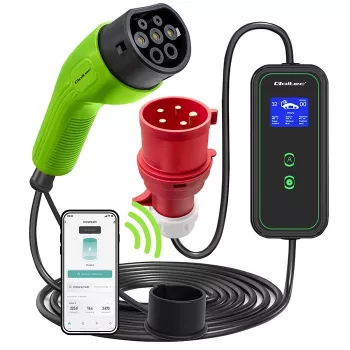 Qoltec Mobilny Ładowarka EV do Samochodu Regulowana 2w1 Type2 | 7kW | 230V | CEE 3 PIN | Wi-Fi | LCD | Przenośna | Wallbox | 5m