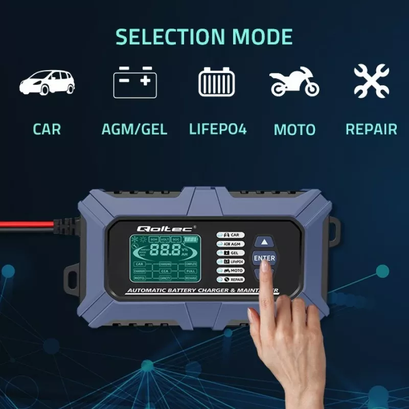 Inteligentna ładowarka akumulatorów Qoltec z mikroprocesorem, testerem akumulatorów i funkcją regeneracji 12V | 6A | LCD | Ładowarka do akumulatorów AGM LiFePO4 GEL