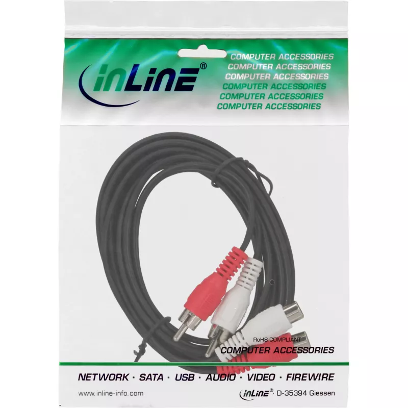 Kabel audio InLine 2x RCA męski / żeński 20 m, 2 x RCA, Męski, 2 x RCA, Żeński, 20 m, Czarny