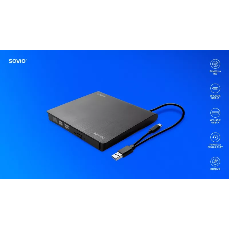 SAVIO AK-59 Zewnętrzna smukła nagrywarka CD/DVD R/RW - USB-C/USB-A, czarny
