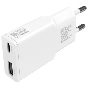 Ładowarka sieciowa do urządzeń mobilnych 4smarts 541509 — 100–240V, USB-A + USB-C, kabel 1,5 m, szybkie ładowanie, biała