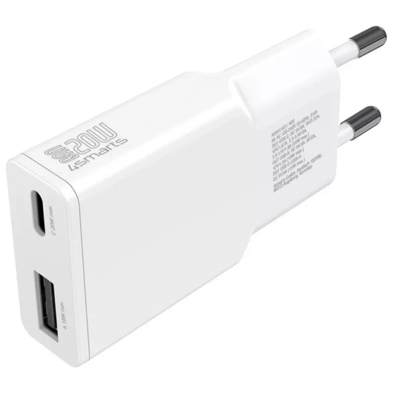 Ładowarka sieciowa do urządzeń mobilnych 4smarts 541509 — 100–240V, USB-A + USB-C, kabel 1,5 m, szybkie ładowanie, biała