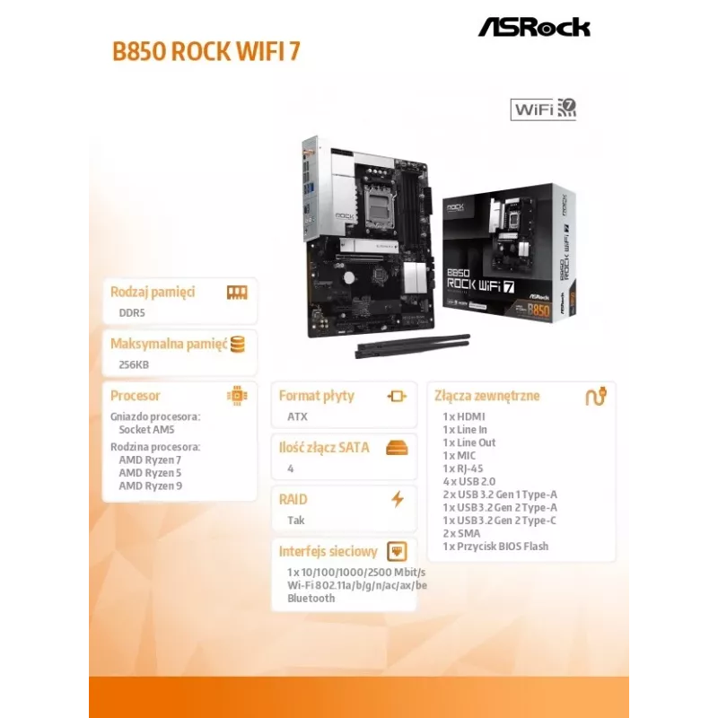 ASRock B850 Rock WiFi 7, płyta główna, gniazdo AMD AM5, ATX, DDR5, Wi-Fi 7