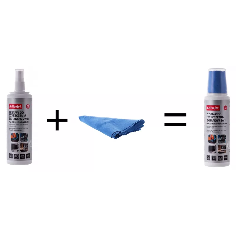Zestaw do czyszczenia sprzętu – ściereczki i płyn ActiveJet AOC-269, ściereczka z mikrofibry 200x200 mm, spray 250 ml, 2 szt.