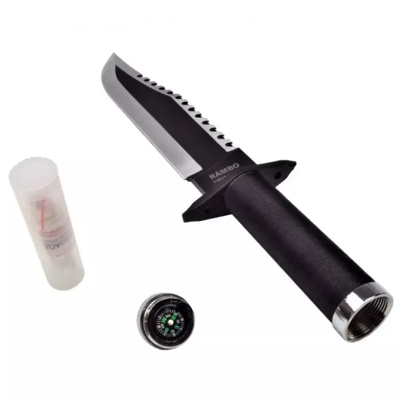 Stały nóż survivalowy cinema classic CC-H2 — 400 mm całkowita, 250 mm ostrze ze stali, gładkie i ząbkowane, czarna rękojeść, w zestawie skórzana pochwa