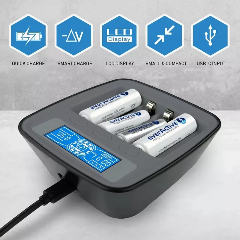 Ładowarka everActive NC1000MV2 — Ni‑MH 4-slotowa ładowarka USB‑C, 4 ogniwa, 5V, czarny, 110×99×38 mm
