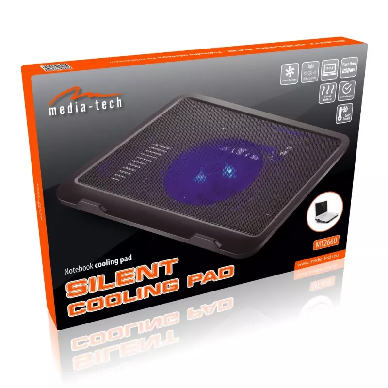 Podkładka chłodząca MEDIA-TECH MT2660 — chłodziarka do laptopa zasilana przez USB, 1 wentylator 13,5 cm, 20 CFM, 1000 RPM, 330×250×40 mm, 327 g, podświetlenie